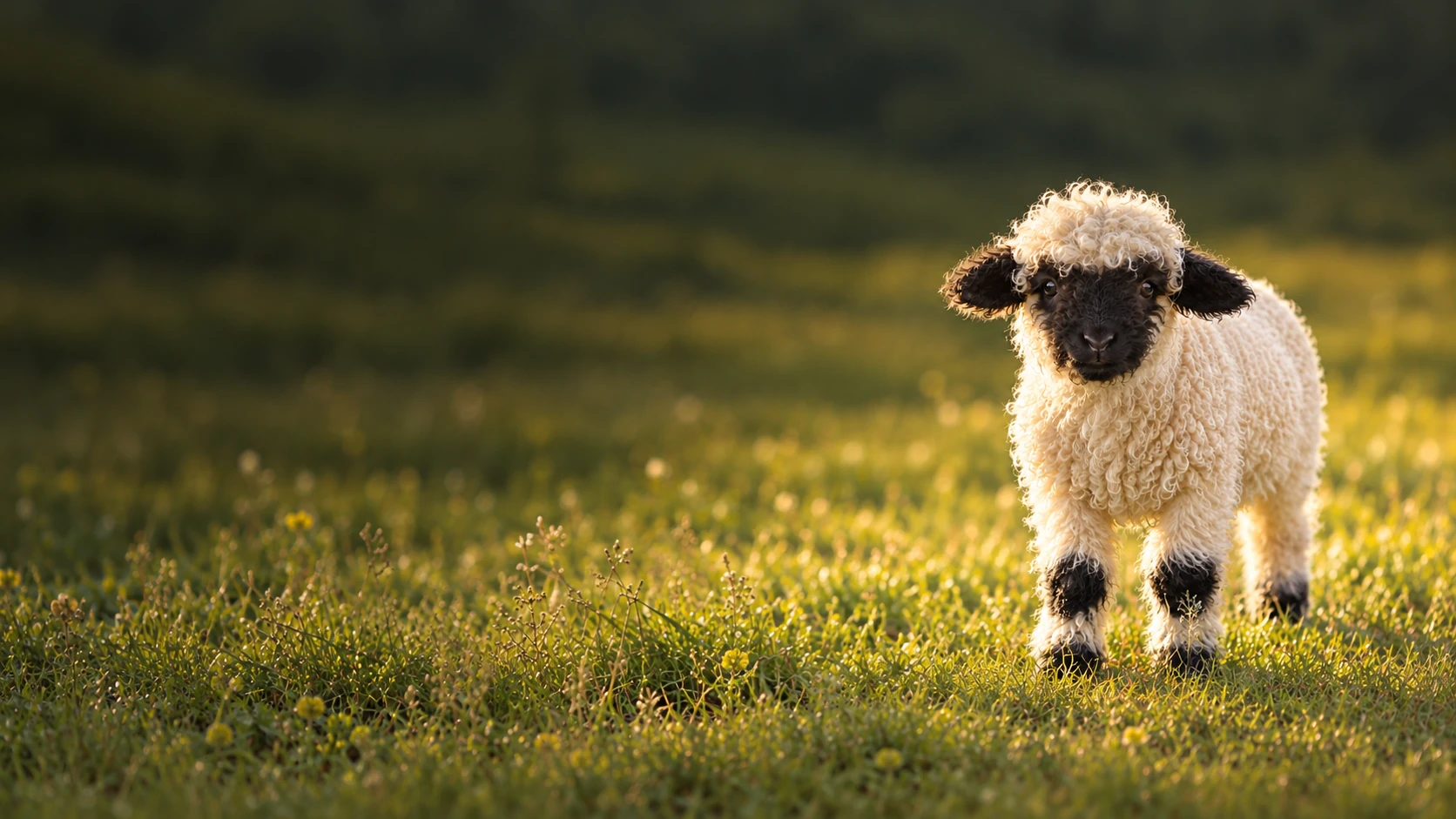 Een jong Walliser Schwarznase-schaap met een zwart snoetje en een zachte, witte krullenvacht in een zonnige weide